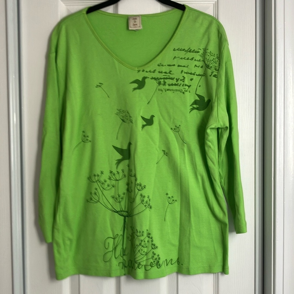 Jess and Jane cotton top tee scoop neck 3/4 sleeves floral bird print green XL